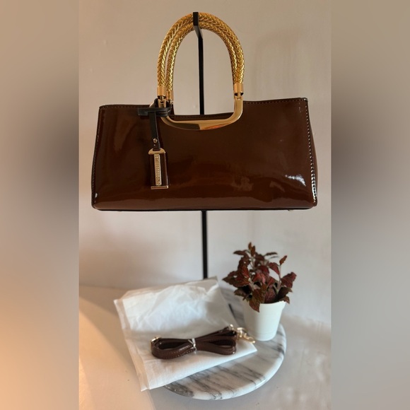 NWOT Elegant Evening Satchel Crossbody Bag Glossy Brown Zipper PU Leather Dusty - Picture 2 of 15